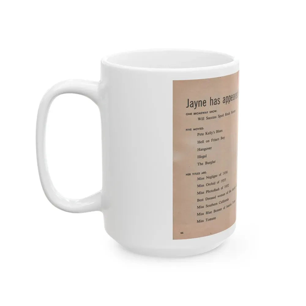 Jayne Mansfield #312 - JAYNE Pocket Magazine Pages 68 & 69 (Vintage Female Icon) White Coffee Mug - Go Mug Yourself