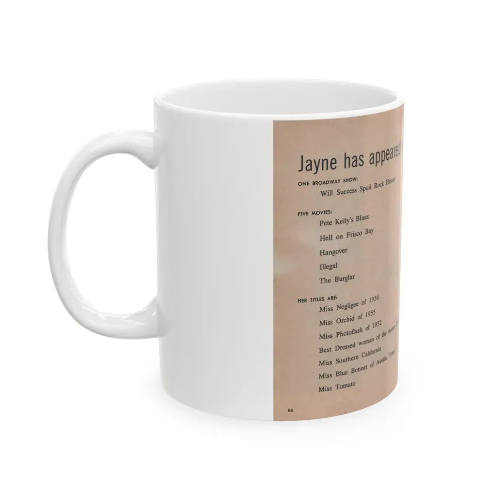 Jayne Mansfield #312 - JAYNE Pocket Magazine Pages 68 & 69 (Vintage Female Icon) White Coffee Mug - Go Mug Yourself