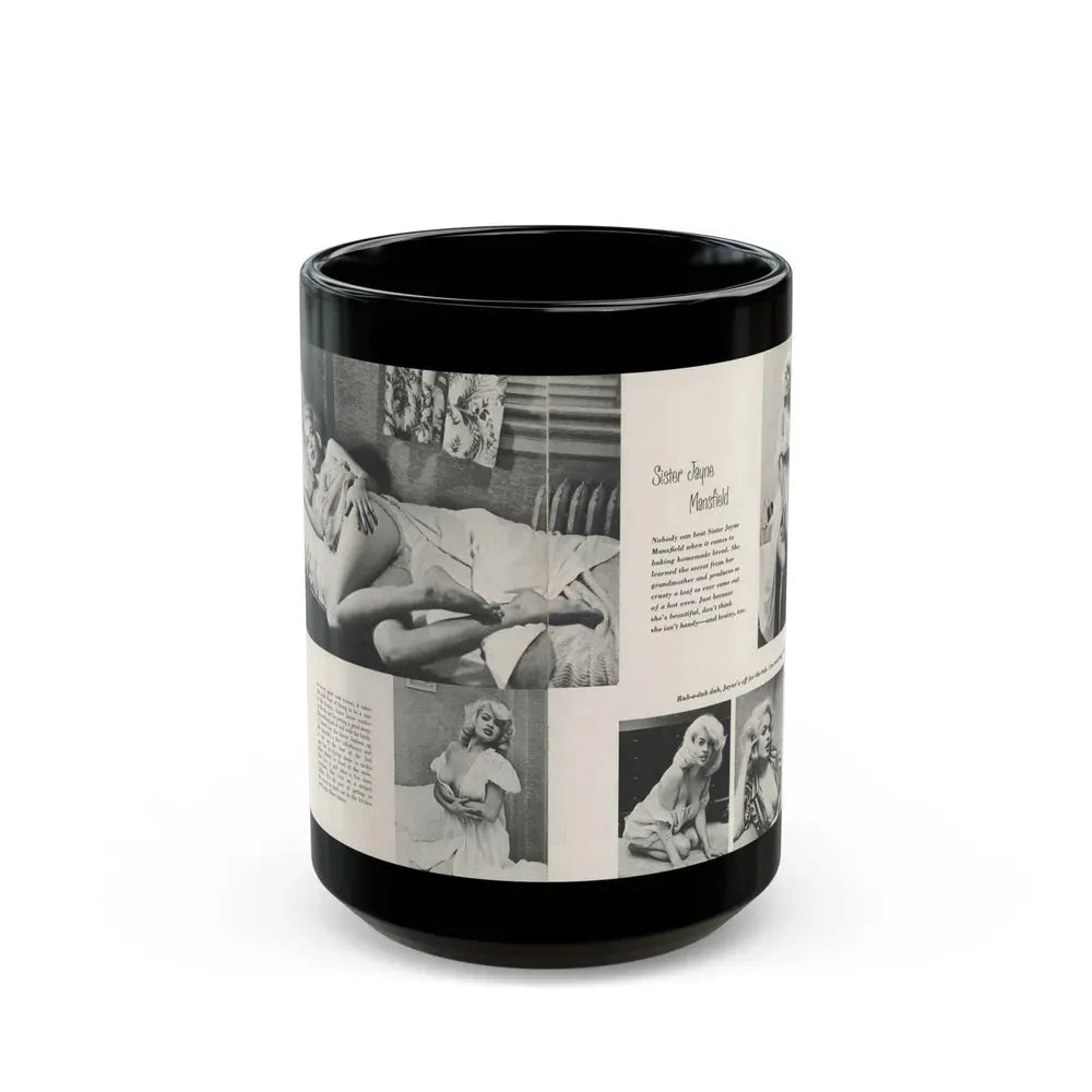 Jayne Mansfield #313 - Pages 1 & 2 of 4 with, 5 B&W Photos, Captions & Article from SCAMP Magazine May '57 (Vintage Female Icon) Black Coffee Mug 15oz - Go Mug Yourself