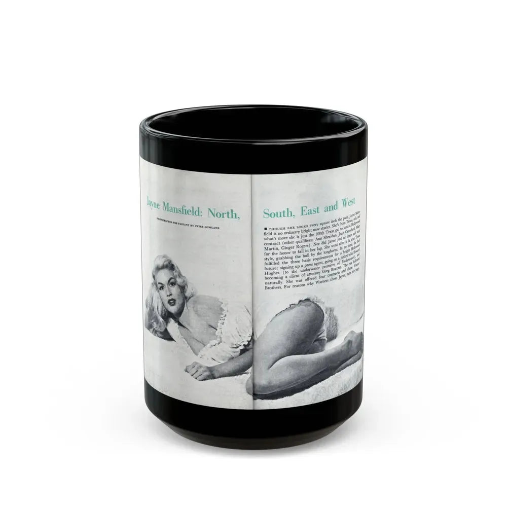 Jayne Mansfield #316 - Pages 40 & 41 Pages 1 & 2 of 6 featuring, Jayne+1 B&W Centerfold & Article from Pageant Digest Mag. June '55 (Vintage Female Icon) Black Coffee Mug 15oz - Go Mug Yourself