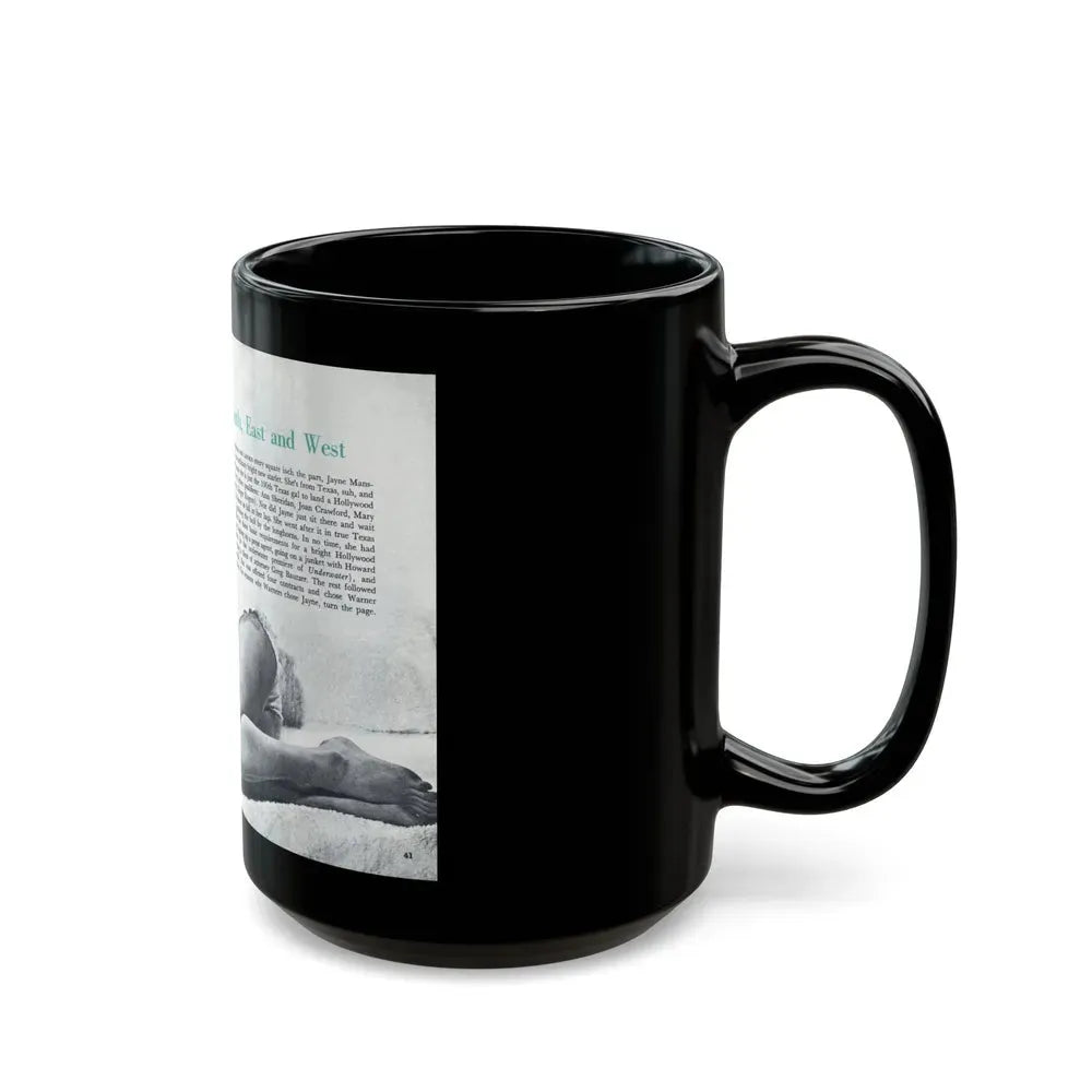 Jayne Mansfield #316 - Pages 40 & 41 Pages 1 & 2 of 6 featuring, Jayne+1 B&W Centerfold & Article from Pageant Digest Mag. June '55 (Vintage Female Icon) Black Coffee Mug - Go Mug Yourself