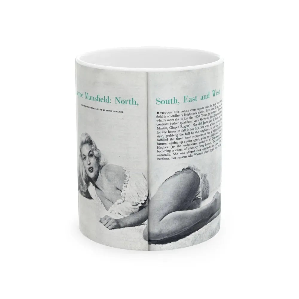 Jayne Mansfield #316 - Pages 40 & 41 Pages 1 & 2 of 6 featuring, Jayne+1 B&W Centerfold & Article from Pageant Digest Mag. June '55 (Vintage Female Icon) White Coffee Mug 11oz - Go Mug Yourself