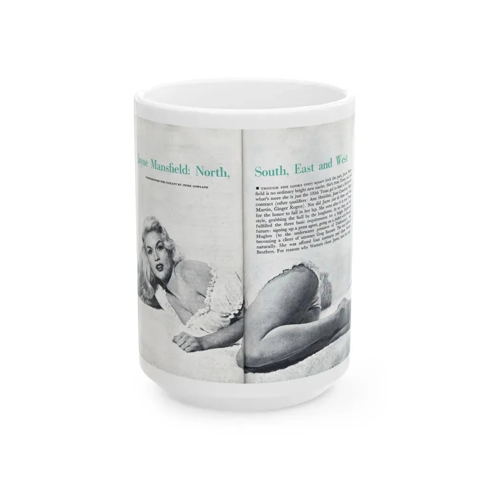 Jayne Mansfield #316 - Pages 40 & 41 Pages 1 & 2 of 6 featuring, Jayne+1 B&W Centerfold & Article from Pageant Digest Mag. June '55 (Vintage Female Icon) White Coffee Mug 15oz - Go Mug Yourself