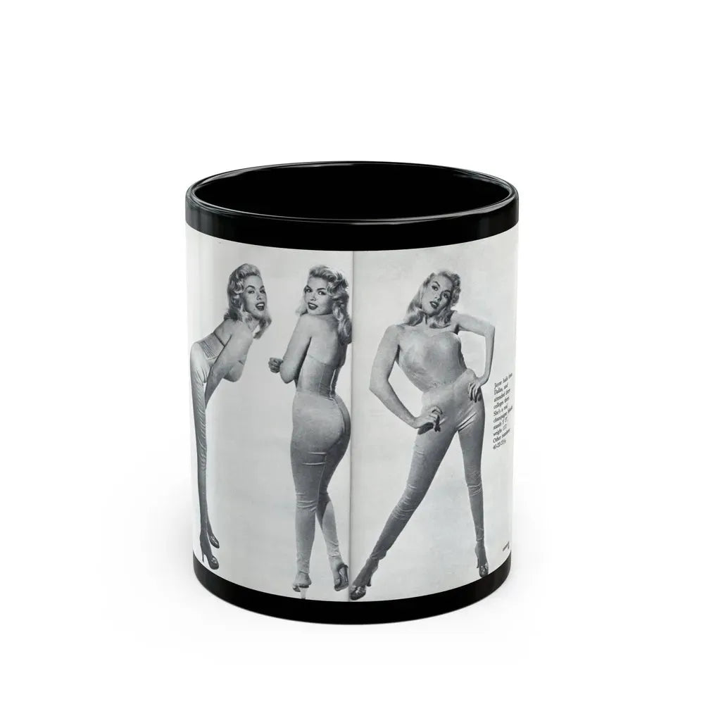 Jayne Mansfield #317 - Pages 42 & 43 Pages 3 & 4 of 6 featuring, Jayne+3 B&W Photos & Caption from Pageant Digest Mag. June '55 (Vintage Female Icon) Black Coffee Mug 11oz - Go Mug Yourself