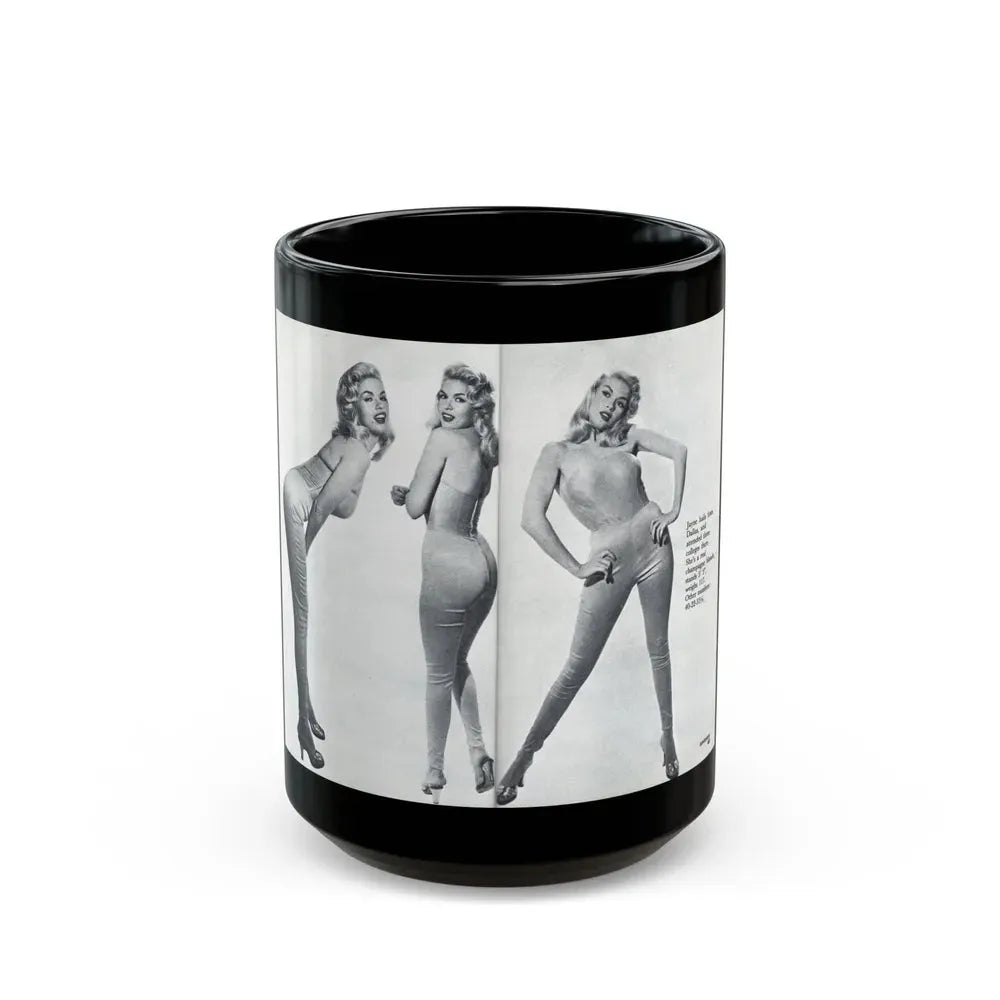 Jayne Mansfield #317 - Pages 42 & 43 Pages 3 & 4 of 6 featuring, Jayne+3 B&W Photos & Caption from Pageant Digest Mag. June '55 (Vintage Female Icon) Black Coffee Mug 15oz - Go Mug Yourself