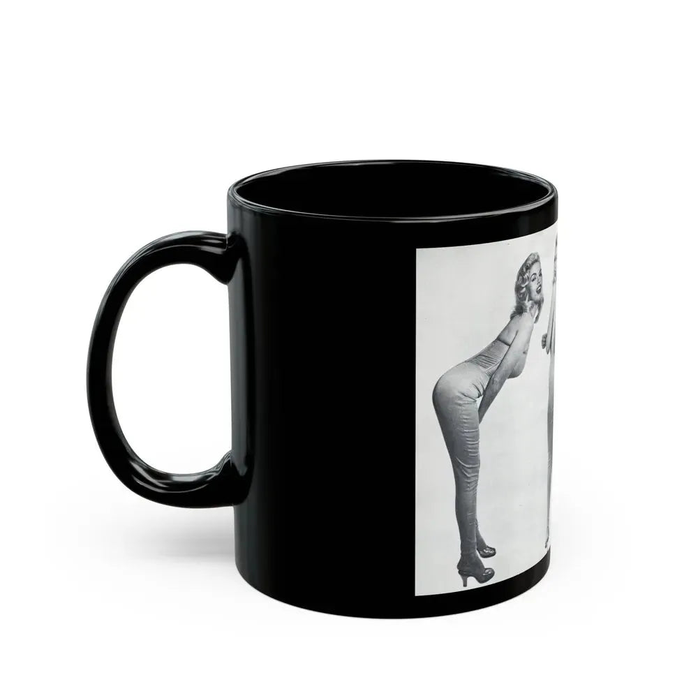Jayne Mansfield #317 - Pages 42 & 43 Pages 3 & 4 of 6 featuring, Jayne+3 B&W Photos & Caption from Pageant Digest Mag. June '55 (Vintage Female Icon) Black Coffee Mug - Go Mug Yourself