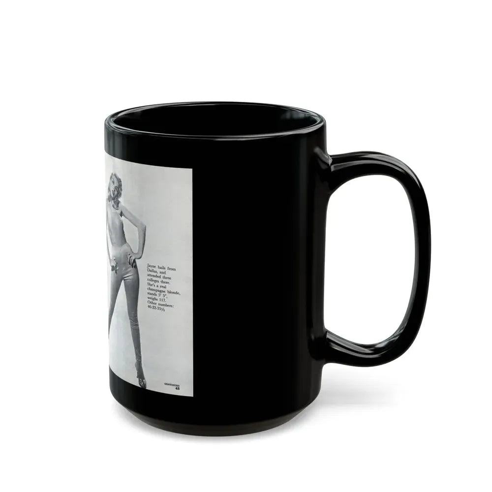 Jayne Mansfield #317 - Pages 42 & 43 Pages 3 & 4 of 6 featuring, Jayne+3 B&W Photos & Caption from Pageant Digest Mag. June '55 (Vintage Female Icon) Black Coffee Mug - Go Mug Yourself
