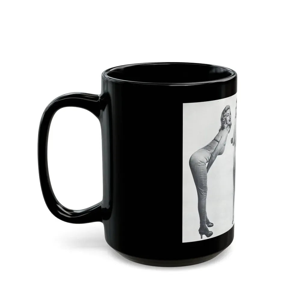 Jayne Mansfield #317 - Pages 42 & 43 Pages 3 & 4 of 6 featuring, Jayne+3 B&W Photos & Caption from Pageant Digest Mag. June '55 (Vintage Female Icon) Black Coffee Mug - Go Mug Yourself