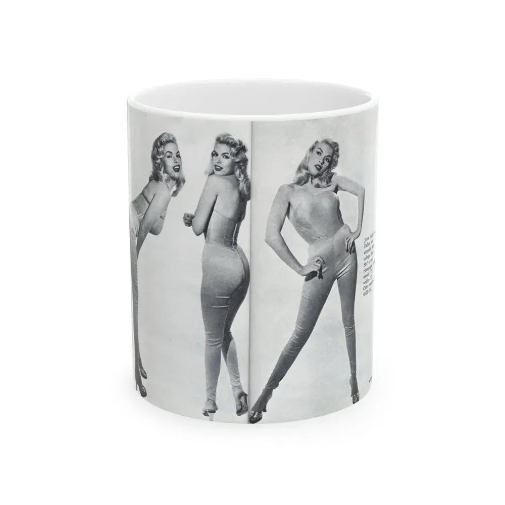 Jayne Mansfield #317 - Pages 42 & 43 Pages 3 & 4 of 6 featuring, Jayne+3 B&W Photos & Caption from Pageant Digest Mag. June '55 (Vintage Female Icon) White Coffee Mug 11oz - Go Mug Yourself