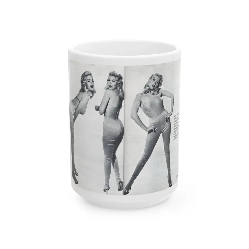 Jayne Mansfield #317 - Pages 42 & 43 Pages 3 & 4 of 6 featuring, Jayne+3 B&W Photos & Caption from Pageant Digest Mag. June '55 (Vintage Female Icon) White Coffee Mug 15oz - Go Mug Yourself