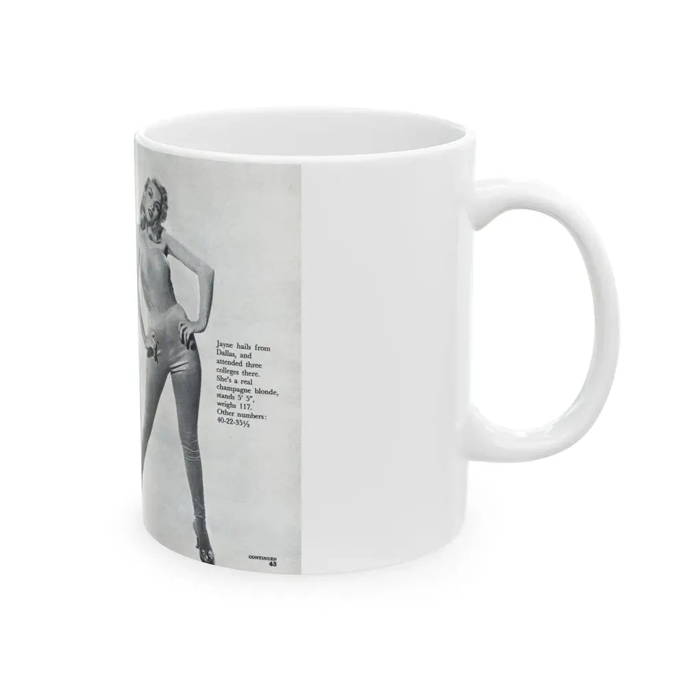 Jayne Mansfield #317 - Pages 42 & 43 Pages 3 & 4 of 6 featuring, Jayne+3 B&W Photos & Caption from Pageant Digest Mag. June '55 (Vintage Female Icon) White Coffee Mug - Go Mug Yourself