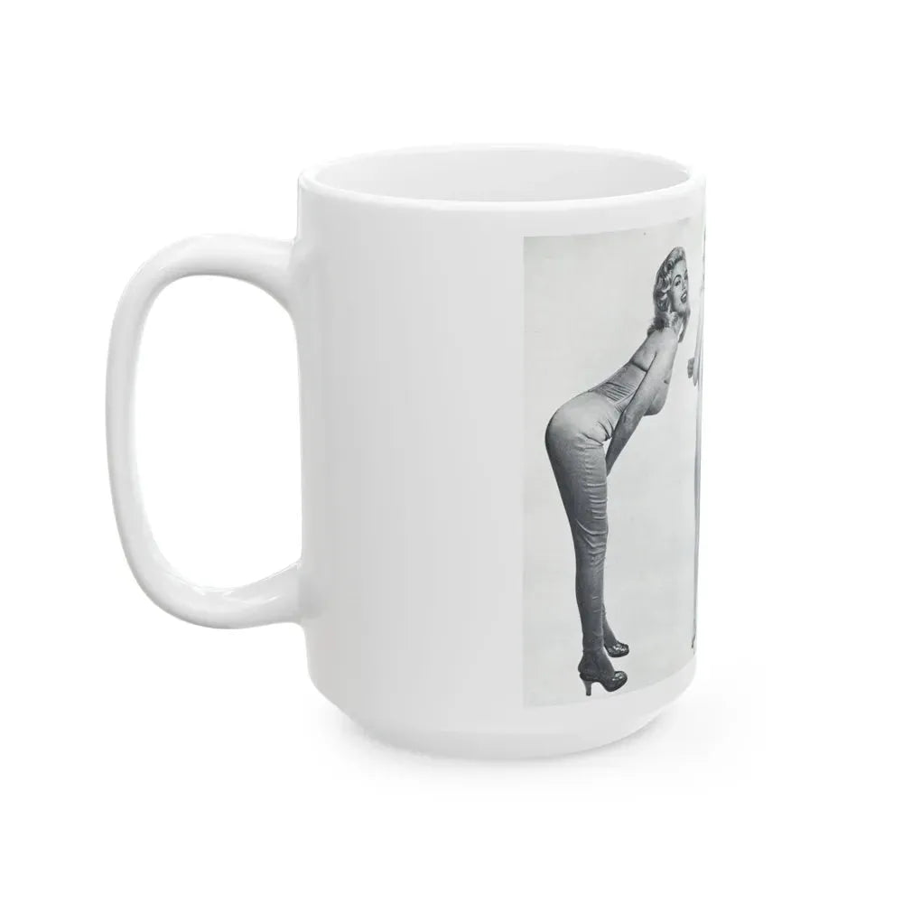 Jayne Mansfield #317 - Pages 42 & 43 Pages 3 & 4 of 6 featuring, Jayne+3 B&W Photos & Caption from Pageant Digest Mag. June '55 (Vintage Female Icon) White Coffee Mug - Go Mug Yourself