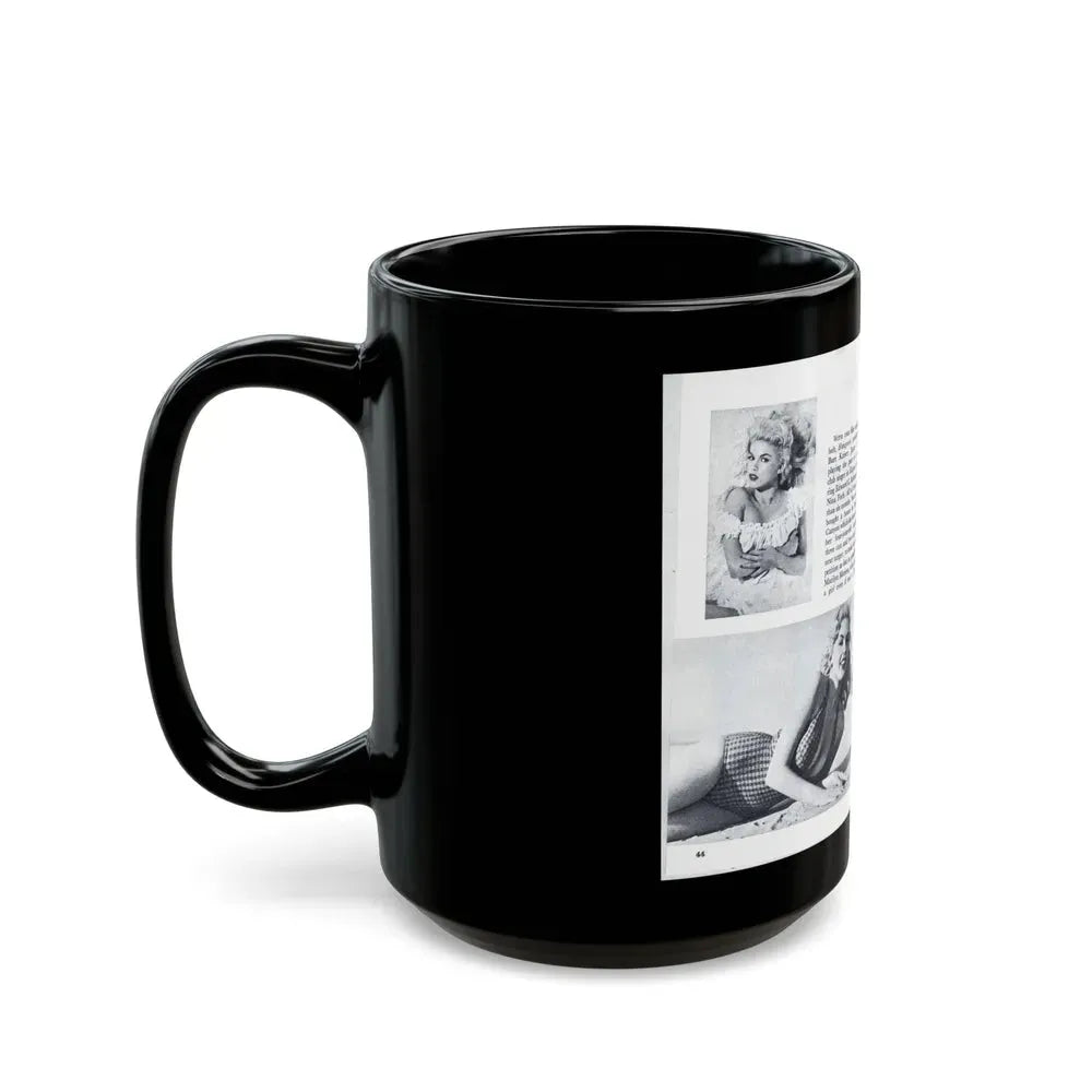 Jayne Mansfield #318 - Pages 43 & 44 Pages 5 & 6 of 6 featuring, Jayne+3 B&W Photos & Caption from Pageant Digest Mag. June '55 (Vintage Female Icon) Black Coffee Mug - Go Mug Yourself