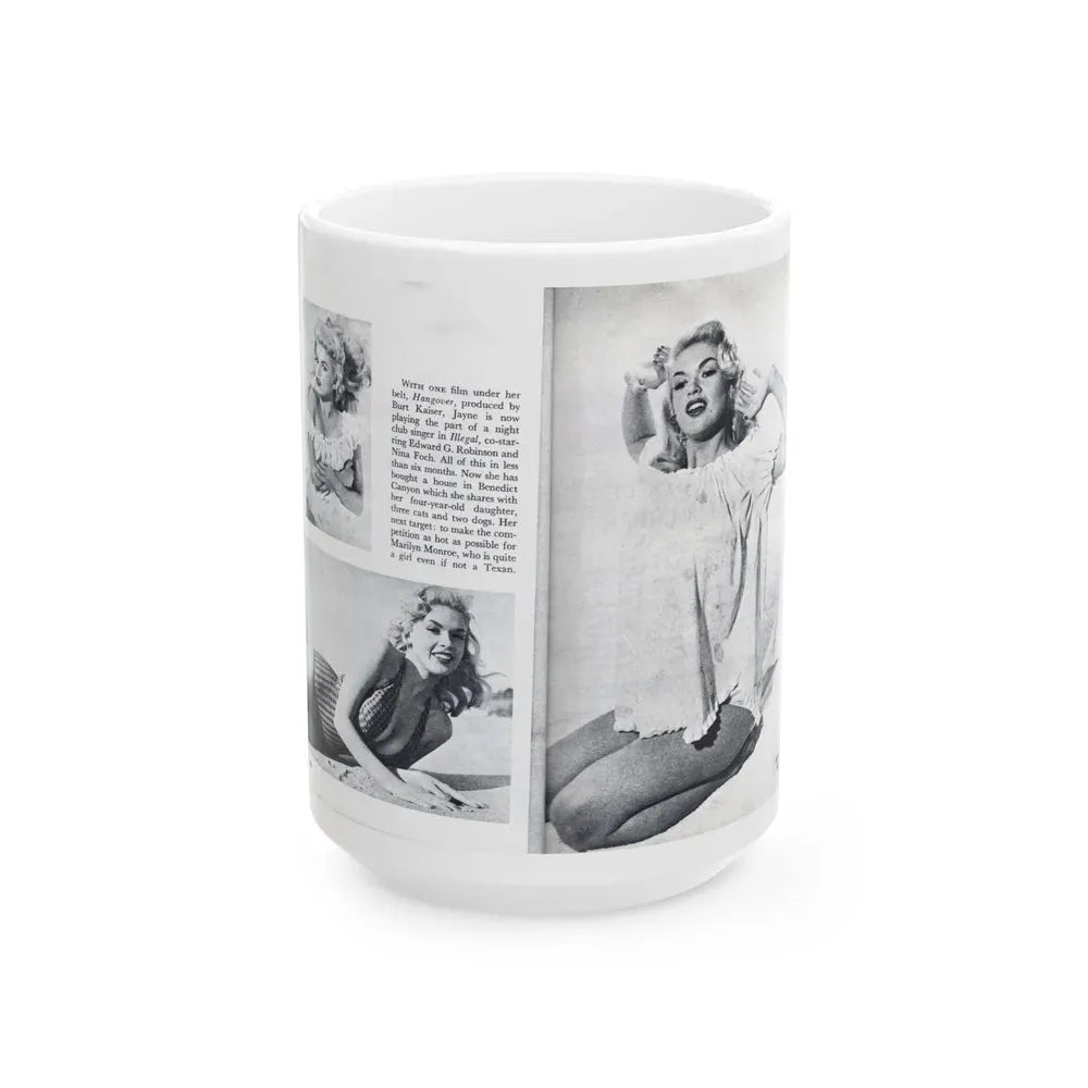 Jayne Mansfield #318 - Pages 43 & 44 Pages 5 & 6 of 6 featuring, Jayne+3 B&W Photos & Caption from Pageant Digest Mag. June '55 (Vintage Female Icon) White Coffee Mug 15oz - Go Mug Yourself
