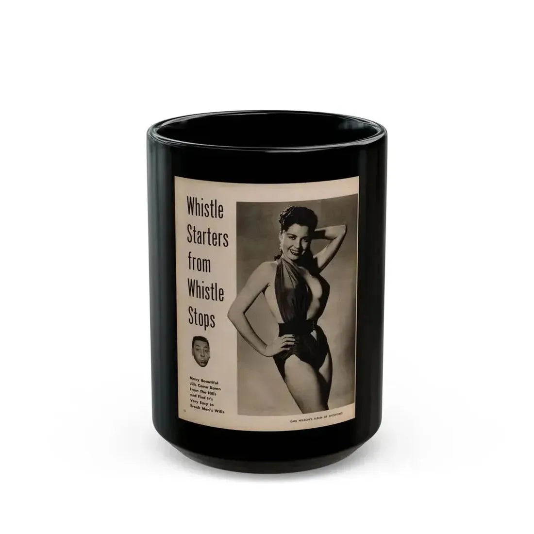 Jeanne Carmen #103 - 1 Page, 1 B&W Photo & Caption from Earl Wilson's Showgirls '56 (Vintage Female Icon) Black Coffee Mug 15oz - Go Mug Yourself