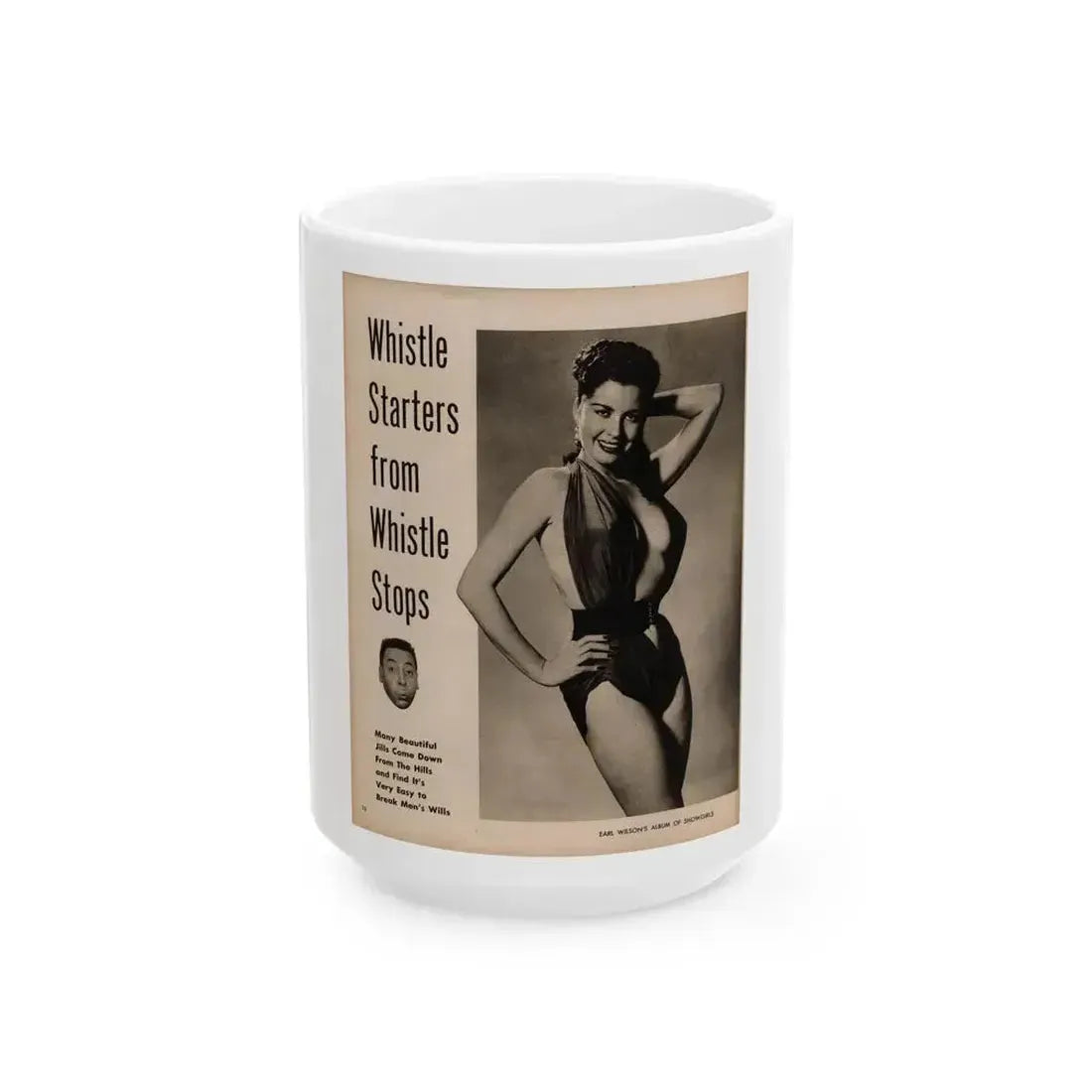 Jeanne Carmen #103 - 1 Page, 1 B&W Photo & Caption from Earl Wilson's Showgirls '56 (Vintage Female Icon) White Coffee Mug 15oz - Go Mug Yourself