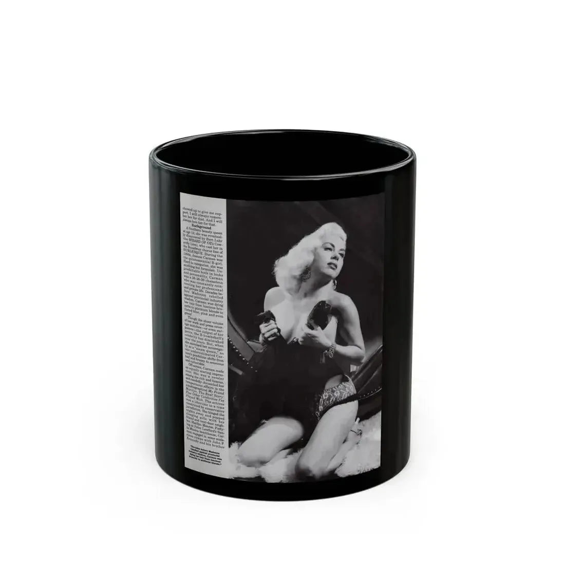 Jeanne Carmen #118 - Pages 4 of 14 with, 1 Large B&W Photo & Article from Femme Fatales Mag. Oct. '95 (Vintage Female Icon) Black Coffee Mug 11oz - Go Mug Yourself
