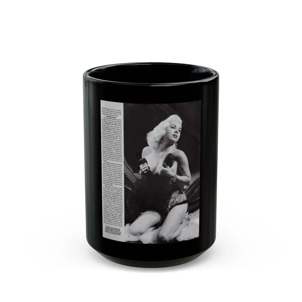Jeanne Carmen #118 - Pages 4 of 14 with, 1 Large B&W Photo & Article from Femme Fatales Mag. Oct. '95 (Vintage Female Icon) Black Coffee Mug 15oz - Go Mug Yourself
