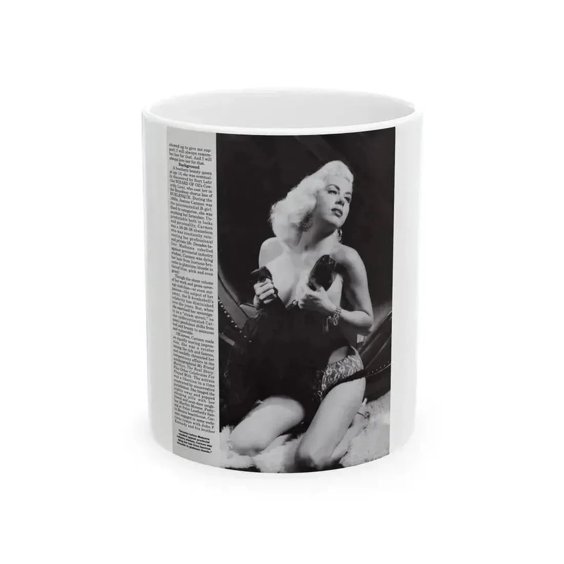 Jeanne Carmen #118 - Pages 4 of 14 with, 1 Large B&W Photo & Article from Femme Fatales Mag. Oct. '95 (Vintage Female Icon) White Coffee Mug 11oz - Go Mug Yourself