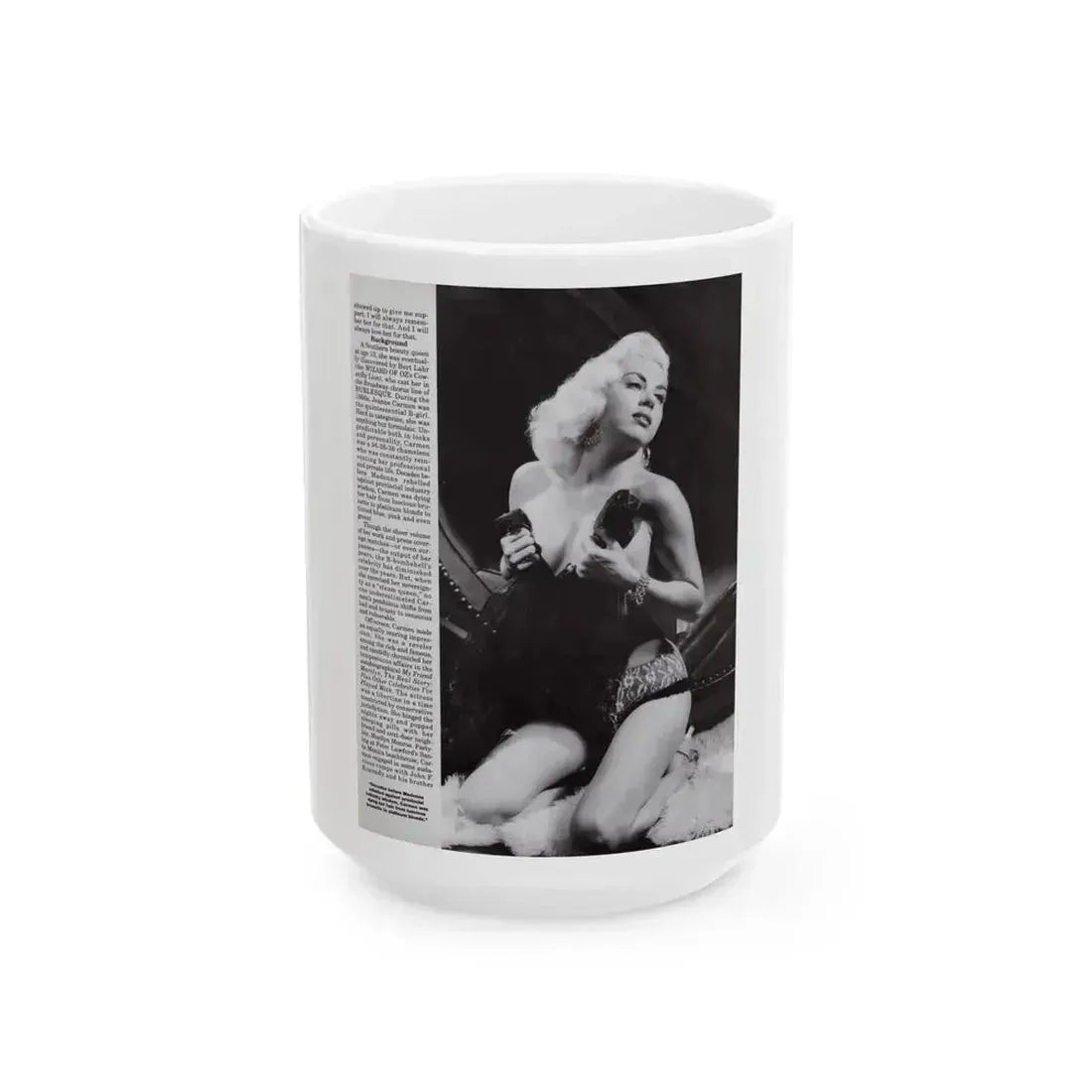 Jeanne Carmen #118 - Pages 4 of 14 with, 1 Large B&W Photo & Article from Femme Fatales Mag. Oct. '95 (Vintage Female Icon) White Coffee Mug 15oz - Go Mug Yourself