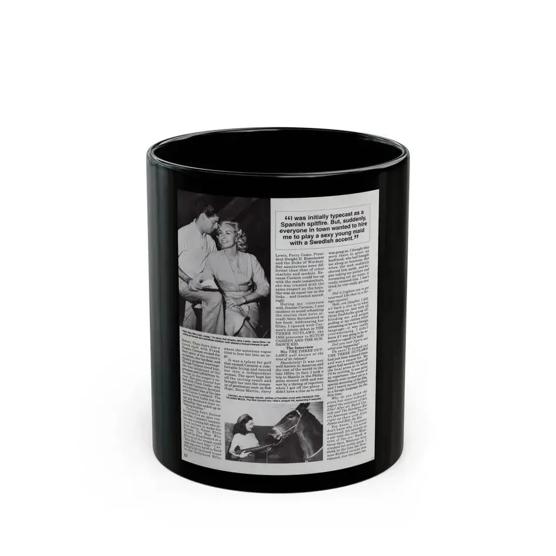 Jeanne Carmen #119 - Pages 5 of 14 with, 2 B&W Movie Off-Camerea Stills Photos, Captions & Article from Femme Fatales Mag. Oct. '95 (Vintage Female Icon) Black Coffee Mug 11oz - Go Mug Yourself