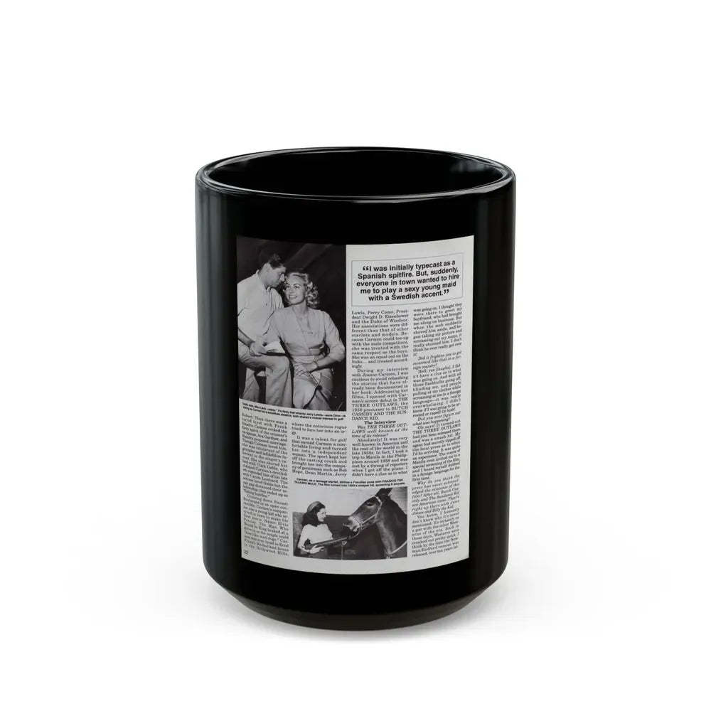 Jeanne Carmen #119 - Pages 5 of 14 with, 2 B&W Movie Off-Camerea Stills Photos, Captions & Article from Femme Fatales Mag. Oct. '95 (Vintage Female Icon) Black Coffee Mug 15oz - Go Mug Yourself