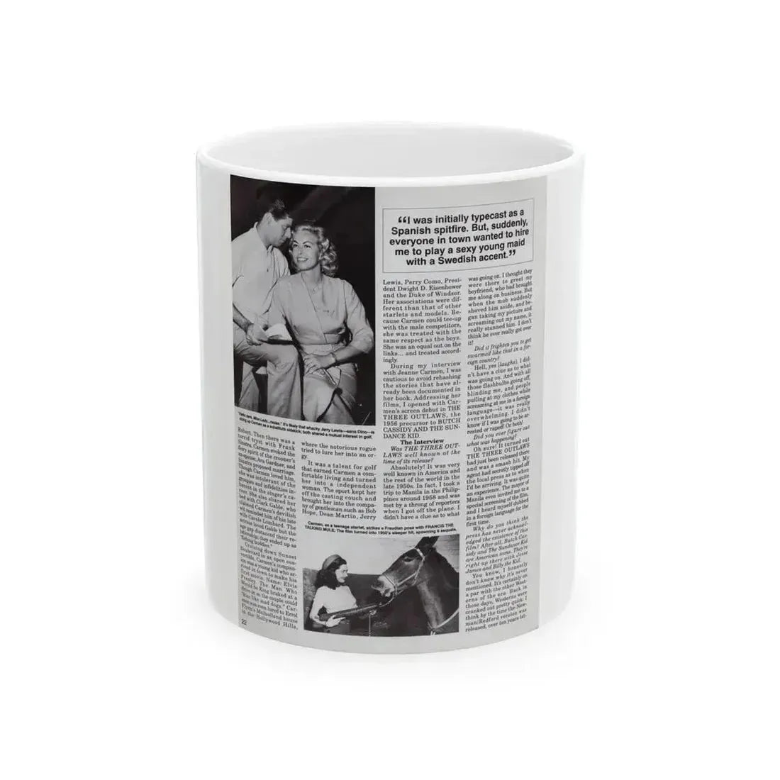 Jeanne Carmen #119 - Pages 5 of 14 with, 2 B&W Movie Off-Camerea Stills Photos, Captions & Article from Femme Fatales Mag. Oct. '95 (Vintage Female Icon) White Coffee Mug 11oz - Go Mug Yourself