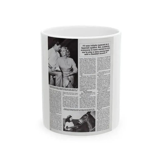 Jeanne Carmen #119 - Pages 5 of 14 with, 2 B&W Movie Off-Camerea Stills Photos, Captions & Article from Femme Fatales Mag. Oct. '95 (Vintage Female Icon) White Coffee Mug 11oz - Go Mug Yourself