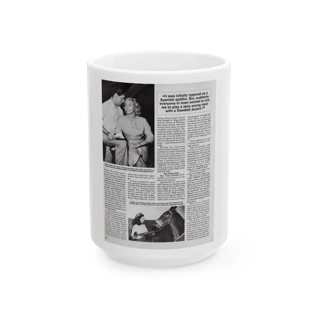 Jeanne Carmen #119 - Pages 5 of 14 with, 2 B&W Movie Off-Camerea Stills Photos, Captions & Article from Femme Fatales Mag. Oct. '95 (Vintage Female Icon) White Coffee Mug 15oz - Go Mug Yourself