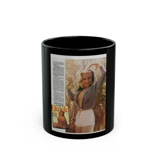 Jeanne Carmen #120 - Pages 6 of 14 with, Large Color Photo & Small Color Mag. Cover & Article from Femme Fatales Mag. Oct. '95 (Vintage Female Icon) Black Coffee Mug 11oz - Go Mug Yourself