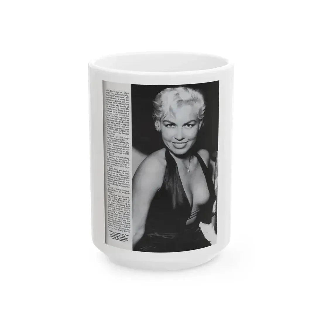 Jeanne Carmen #126 - Pages 12 of 14 with, 1 Large B&W Photo as a blonde & Article from Femme Fatales Mag. Oct. '95 (Vintage Female Icon) White Coffee Mug 15oz - Go Mug Yourself