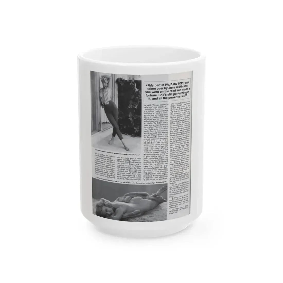 Jeanne Carmen #127 - Pages 13 of 14 with, 2 B&W Photos as a blonde & Article from Femme Fatales Mag. Oct. '95 (Vintage Female Icon) White Coffee Mug 15oz - Go Mug Yourself