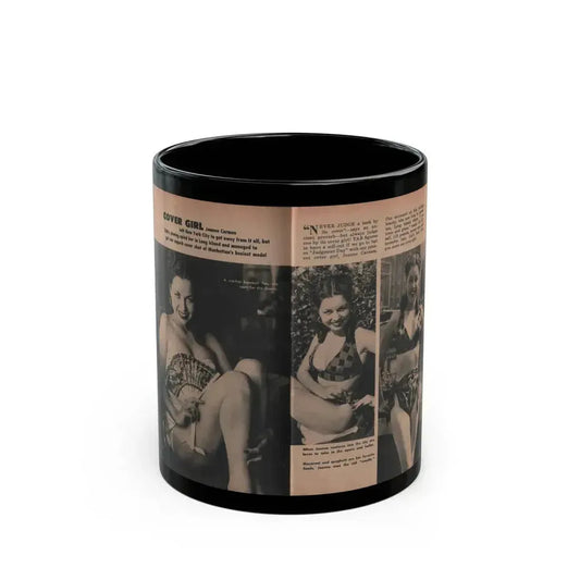 Jeanne Carmen #131 - Pages 1 & 2 of 2 with, 3 B&W Photos from TAB Digest Mag. Sept. '54 (Vintage Female Icon) Black Coffee Mug 11oz - Go Mug Yourself