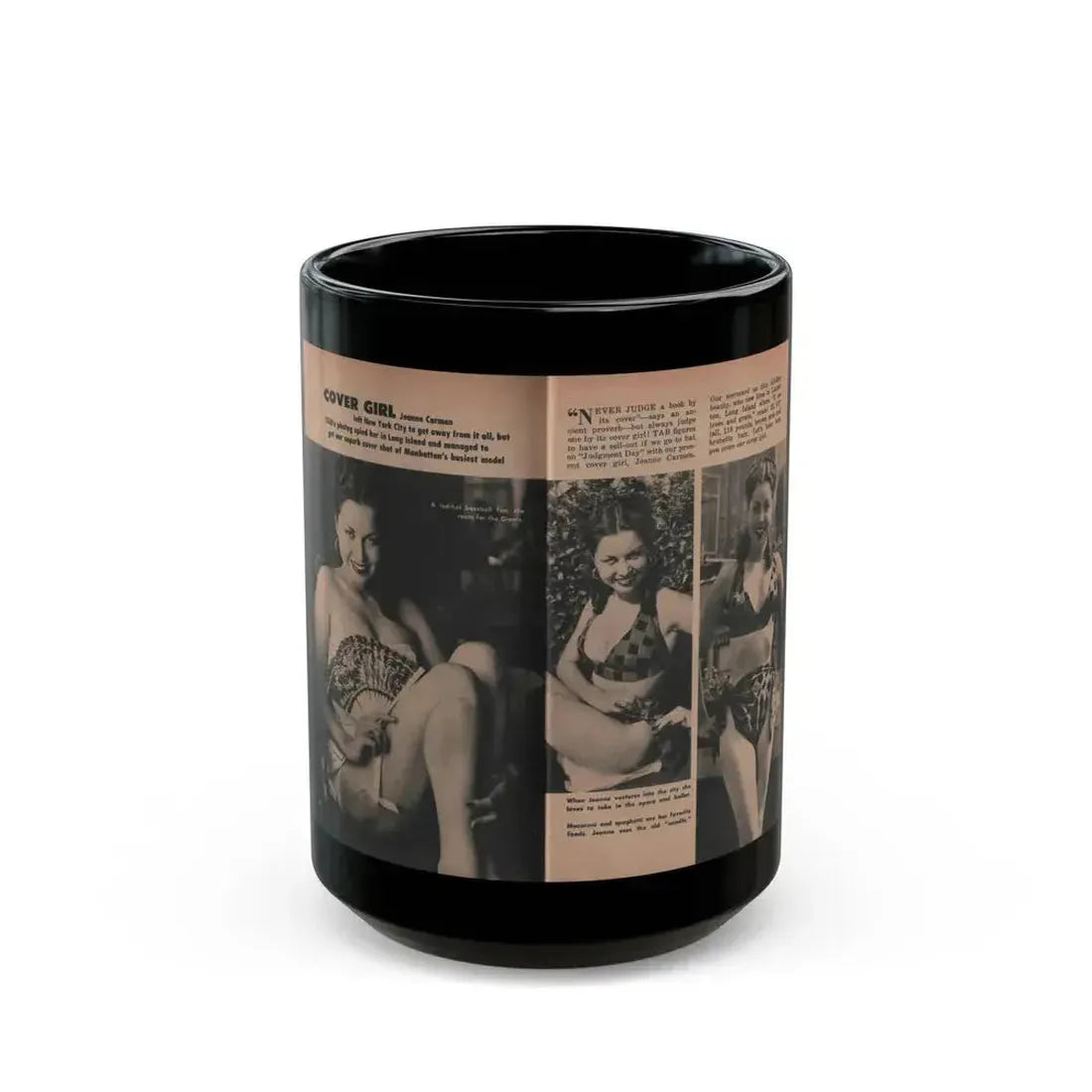Jeanne Carmen #131 - Pages 1 & 2 of 2 with, 3 B&W Photos from TAB Digest Mag. Sept. '54 (Vintage Female Icon) Black Coffee Mug 15oz - Go Mug Yourself
