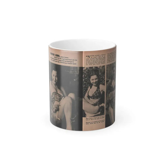 Jeanne Carmen #131 - Pages 1 & 2 of 2 with, 3 B&W Photos from TAB Digest Mag. Sept. '54 (Vintage Female Icon) Color Changing Coffee Mug 11oz - Go Mug Yourself