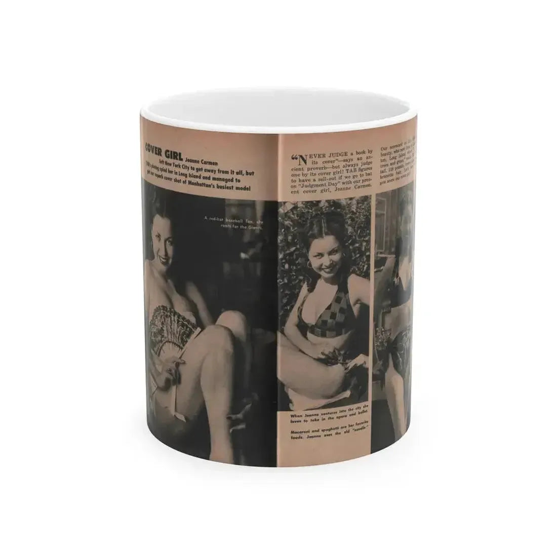 Jeanne Carmen #131 - Pages 1 & 2 of 2 with, 3 B&W Photos from TAB Digest Mag. Sept. '54 (Vintage Female Icon) White Coffee Mug 11oz - Go Mug Yourself