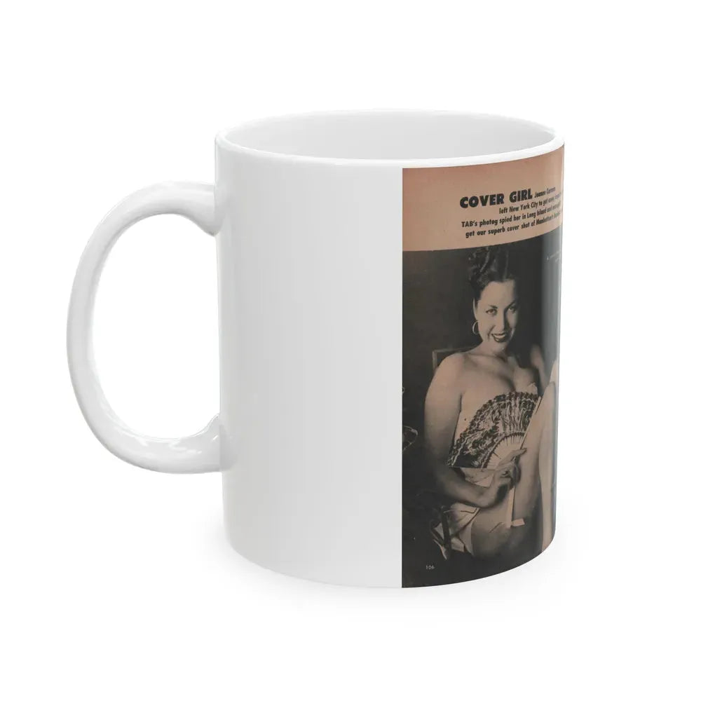 Jeanne Carmen #131 - Pages 1 & 2 of 2 with, 3 B&W Photos from TAB Digest Mag. Sept. '54 (Vintage Female Icon) White Coffee Mug - Go Mug Yourself