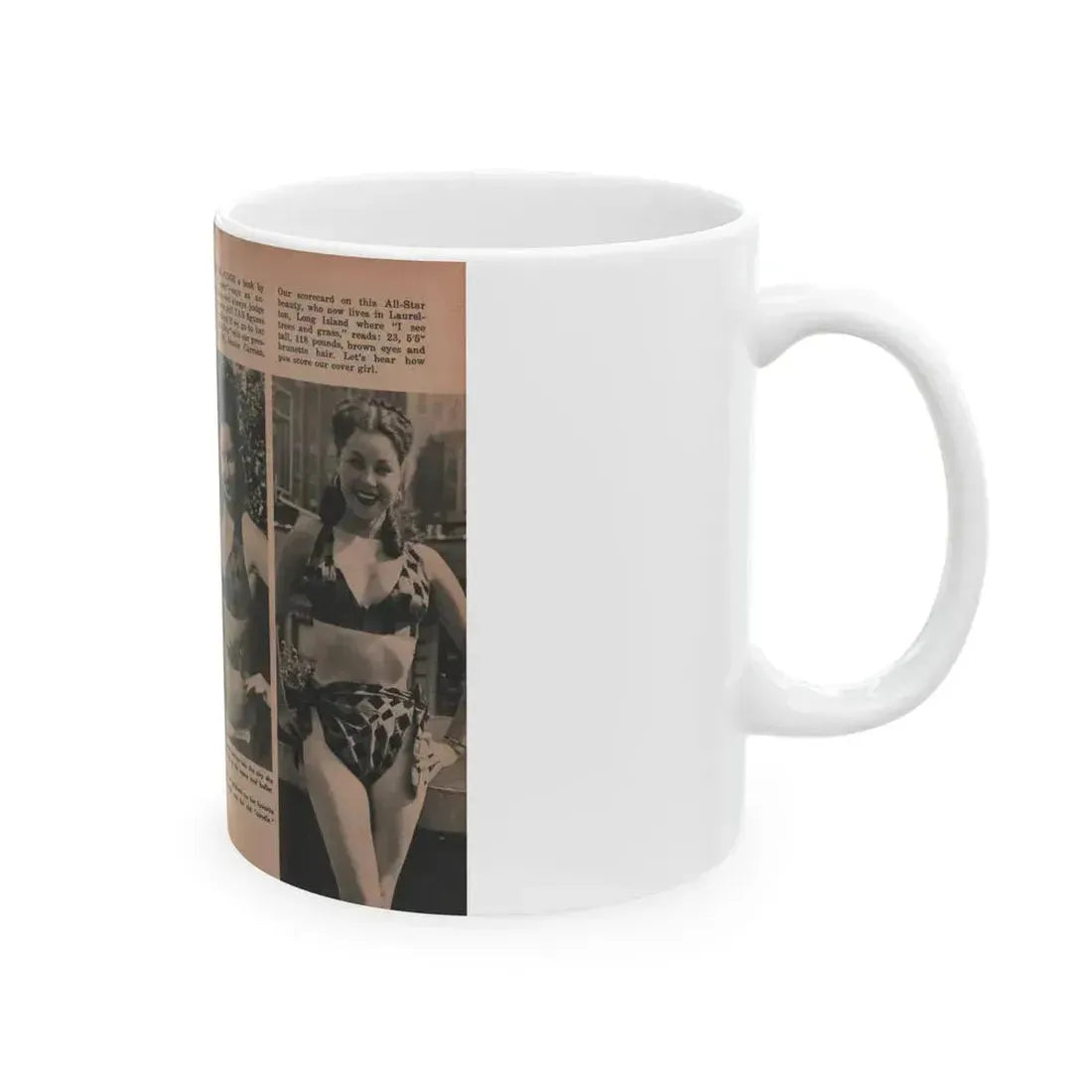 Jeanne Carmen #131 - Pages 1 & 2 of 2 with, 3 B&W Photos from TAB Digest Mag. Sept. '54 (Vintage Female Icon) White Coffee Mug - Go Mug Yourself