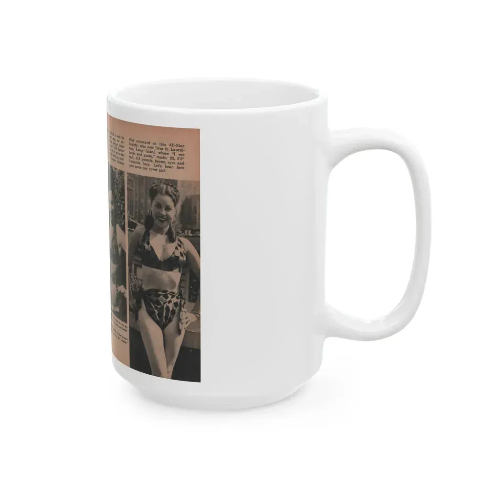 Jeanne Carmen #131 - Pages 1 & 2 of 2 with, 3 B&W Photos from TAB Digest Mag. Sept. '54 (Vintage Female Icon) White Coffee Mug - Go Mug Yourself