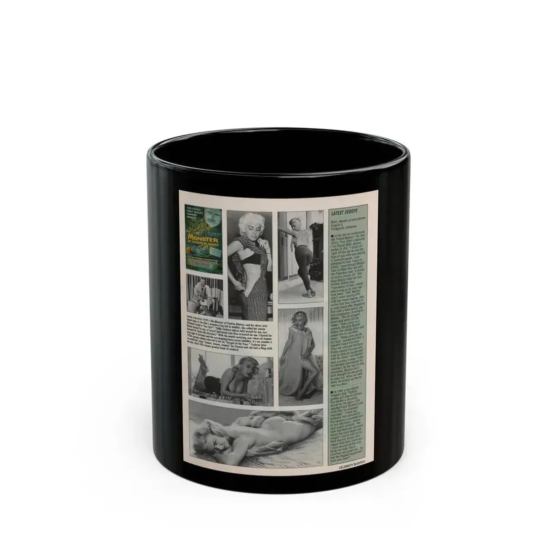 Jeanne Carmen #145 - Celebrity Sleuth Magazine Article, 5 B&W Photos & 1 Movie Poster on Page 5 (Vintage Female Icon) Black Coffee Mug 11oz - Go Mug Yourself