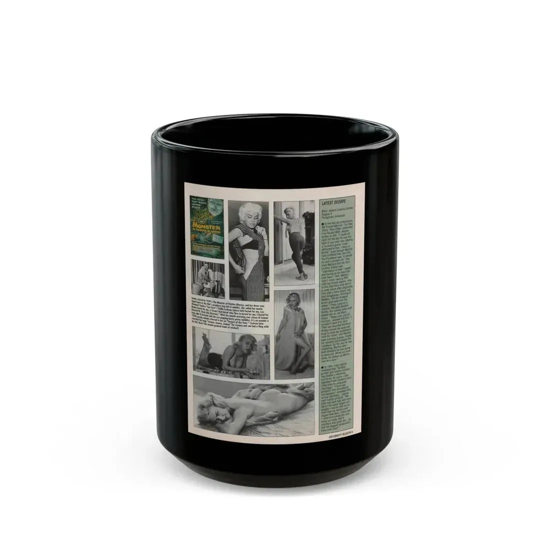 Jeanne Carmen #145 - Celebrity Sleuth Magazine Article, 5 B&W Photos & 1 Movie Poster on Page 5 (Vintage Female Icon) Black Coffee Mug 15oz - Go Mug Yourself