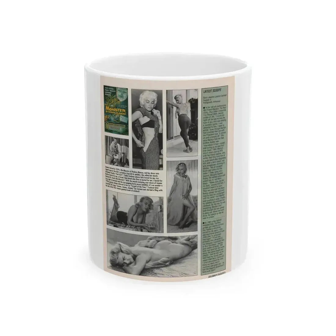 Jeanne Carmen #145 - Celebrity Sleuth Magazine Article, 5 B&W Photos & 1 Movie Poster on Page 5 (Vintage Female Icon) White Coffee Mug 11oz - Go Mug Yourself