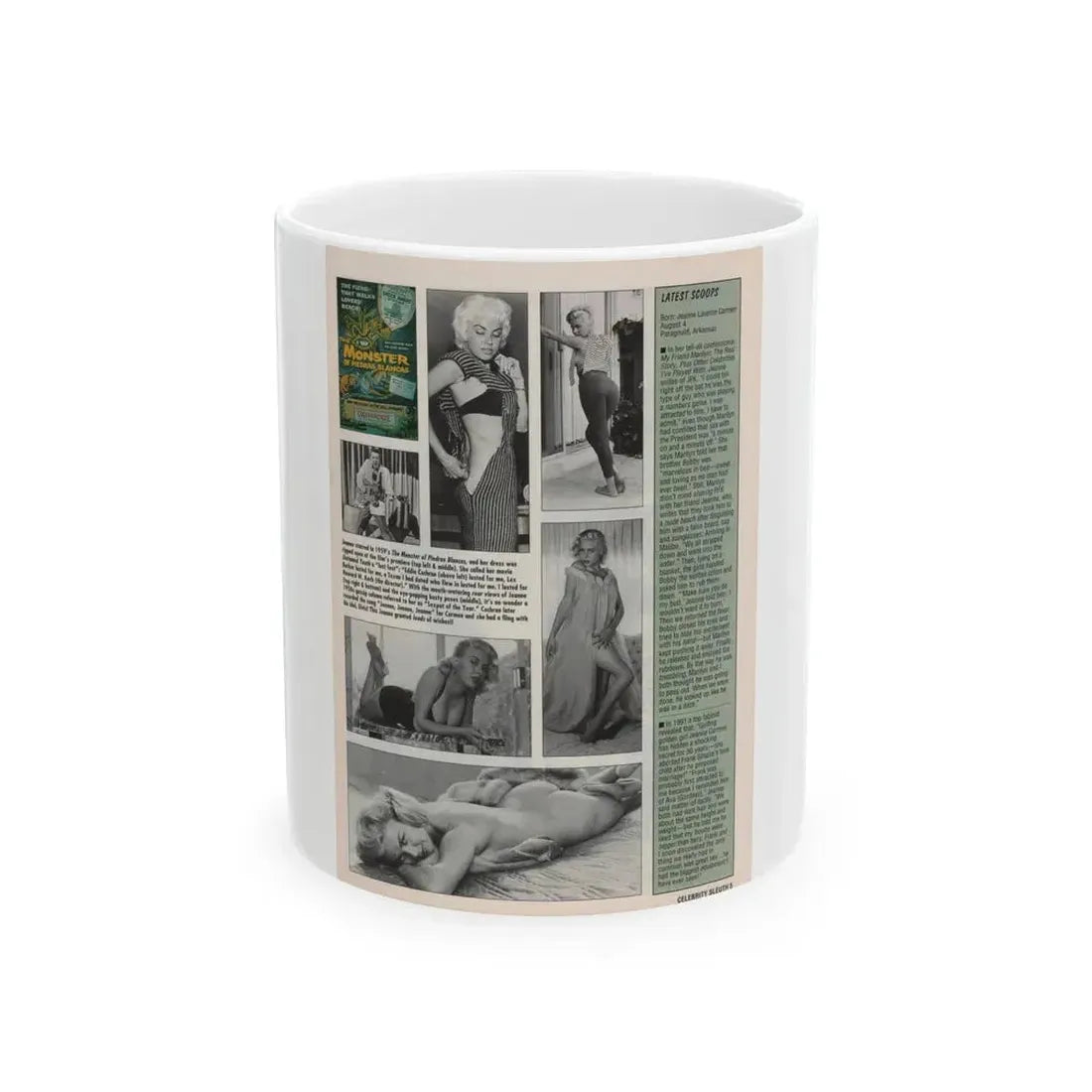 Jeanne Carmen #145 - Celebrity Sleuth Magazine Article, 5 B&W Photos & 1 Movie Poster on Page 5 (Vintage Female Icon) White Coffee Mug 11oz - Go Mug Yourself