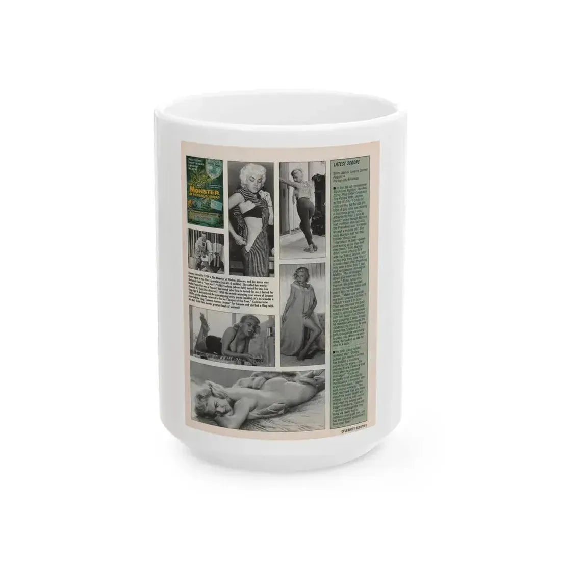 Jeanne Carmen #145 - Celebrity Sleuth Magazine Article, 5 B&W Photos & 1 Movie Poster on Page 5 (Vintage Female Icon) White Coffee Mug 15oz - Go Mug Yourself