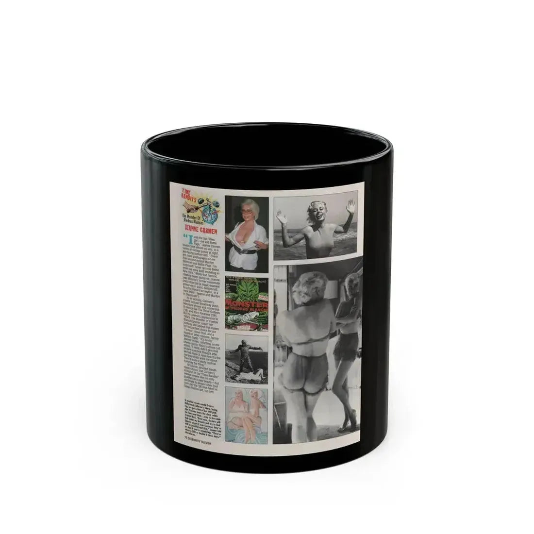 Jeanne Carmen #155 - Celebrity Sleuth Magazine Page Article, 4 Photos, 1 Art & Poster on Page 12 (Vintage Female Icon) Black Coffee Mug 11oz - Go Mug Yourself