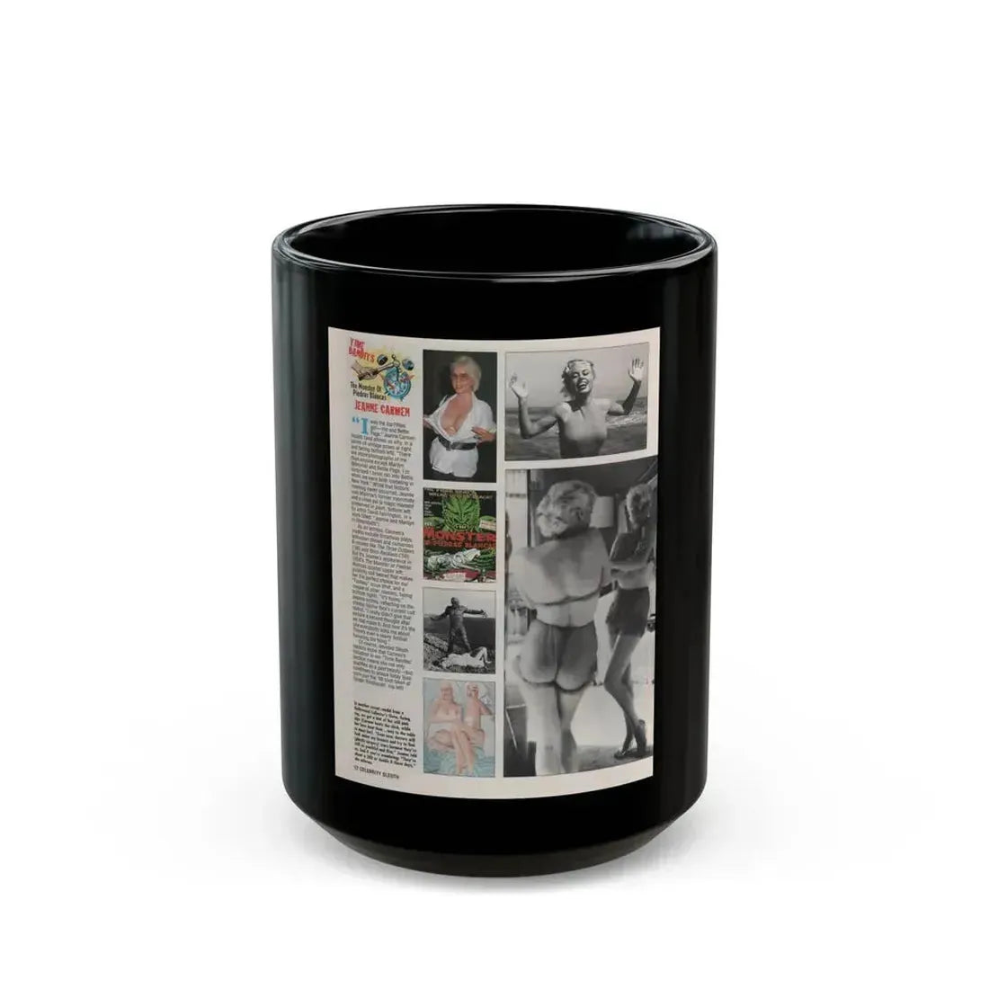 Jeanne Carmen #155 - Celebrity Sleuth Magazine Page Article, 4 Photos, 1 Art & Poster on Page 12 (Vintage Female Icon) Black Coffee Mug 15oz - Go Mug Yourself