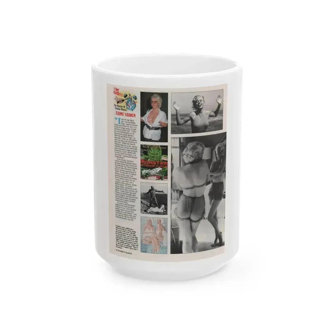 Jeanne Carmen #155 - Celebrity Sleuth Magazine Page Article, 4 Photos, 1 Art & Poster on Page 12 (Vintage Female Icon) White Coffee Mug 15oz - Go Mug Yourself