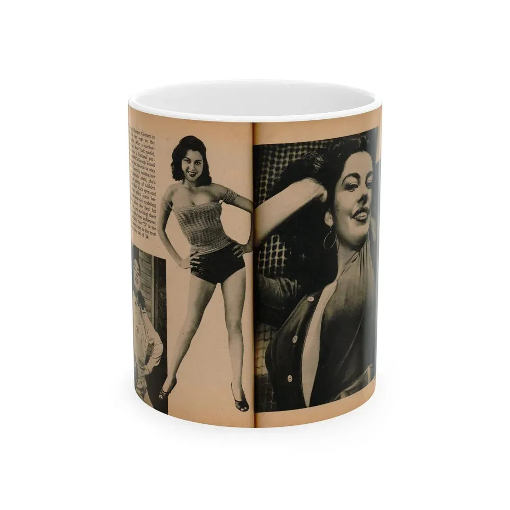 Jeanne Carmen #188 - Pages 70 & 71 Pages 3 & 4 of 7+3 B&W Photos & short article from PHOTO Digest Mag. Aug. '54 (Vintage Female Icon) White Coffee Mug 11oz - Go Mug Yourself