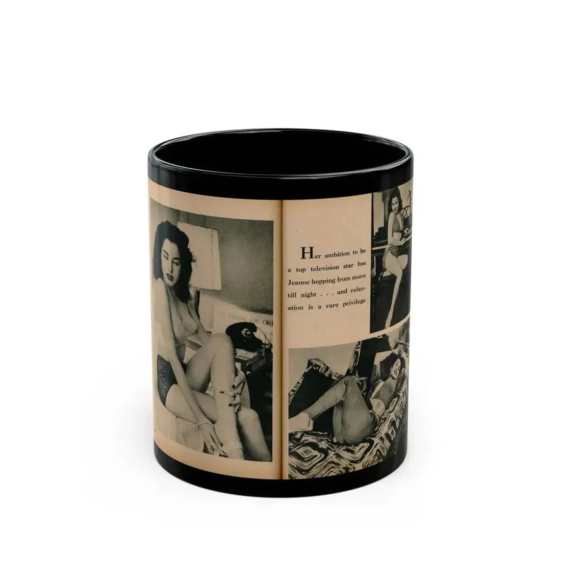 Jeanne Carmen #194 - Pages 80 & 81 Pages 1 & 2 of 4+3 B&W Photos & Caption from EYE Digest Mag. July '54 (Vintage Female Icon) Black Coffee Mug 11oz - Go Mug Yourself