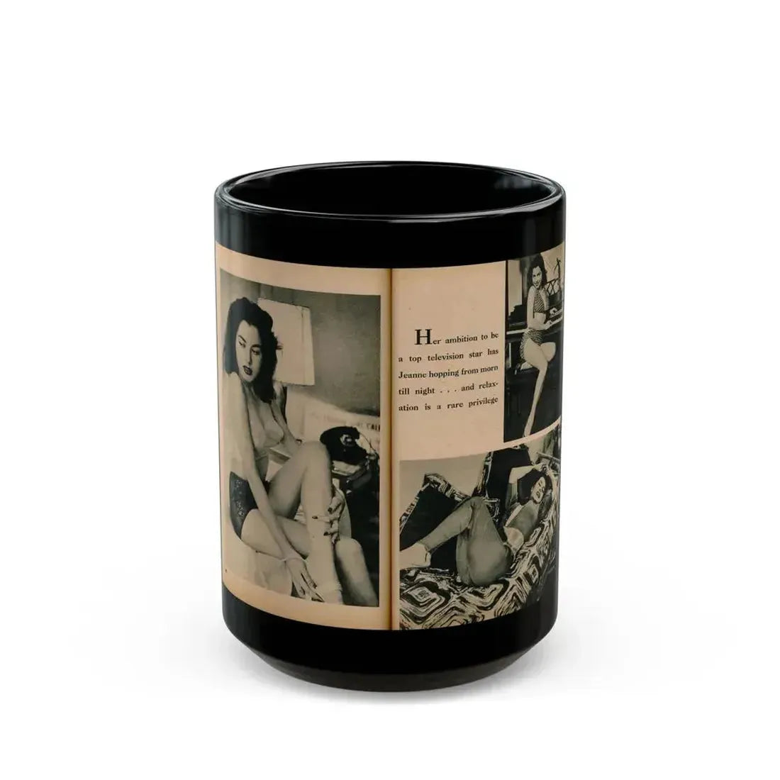 Jeanne Carmen #194 - Pages 80 & 81 Pages 1 & 2 of 4+3 B&W Photos & Caption from EYE Digest Mag. July '54 (Vintage Female Icon) Black Coffee Mug 15oz - Go Mug Yourself
